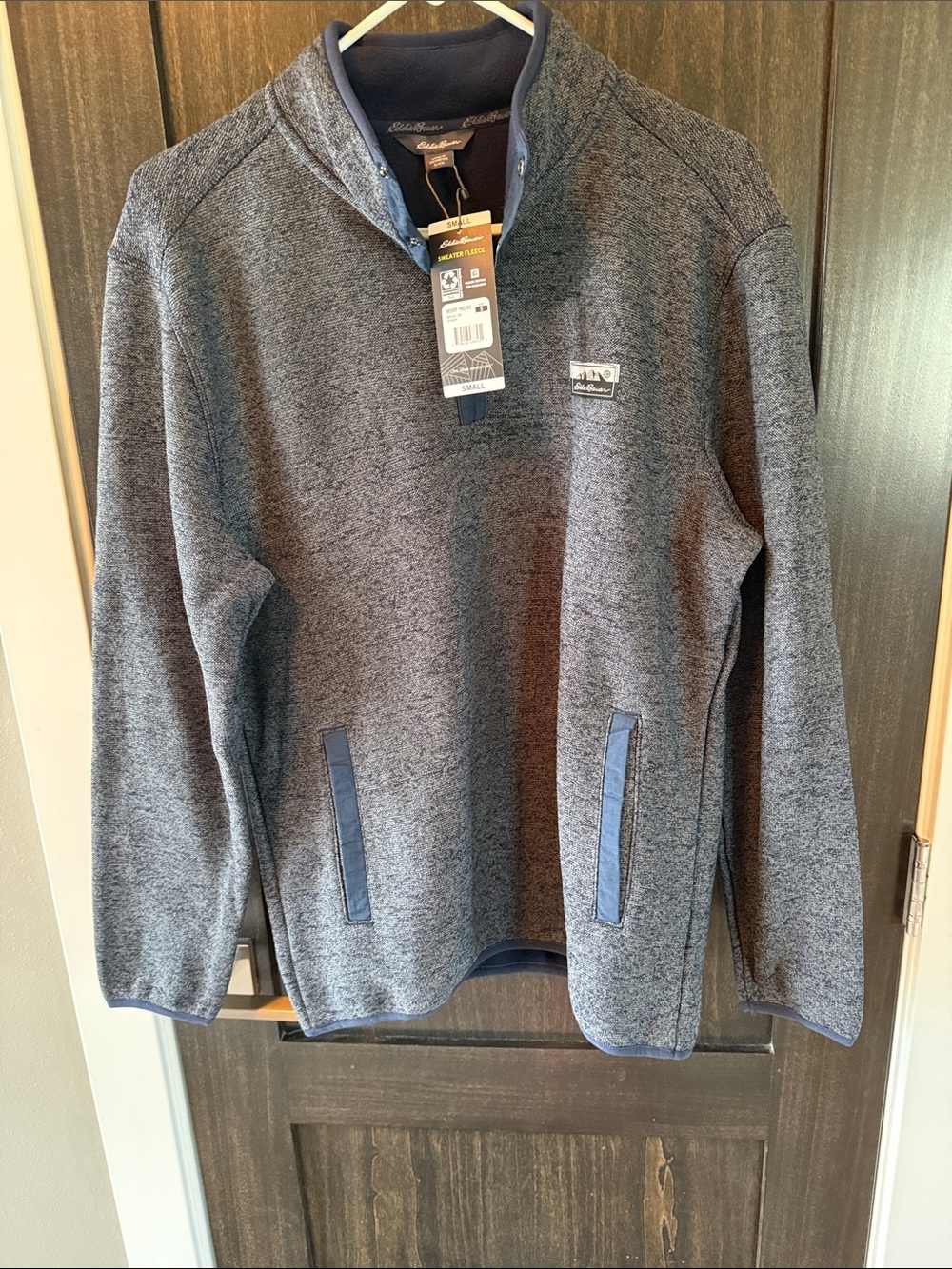 Eddie Bauer Men's Heathered Gray Zip-Up Sweater with Navy Trim